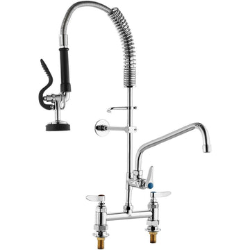 VEVOR Commercial Faucet with Pre - Rinse Sprayer, 26" Height, 8" Center, 12" Swing Spout, Deck Mount Kitchen Sink Faucet, Brass Constructed Device with Pull Down Spray, for 1/2/3 Compartment Sink - RnR Galore