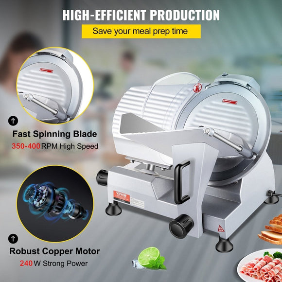 VEVOR Commercial Meat Slicer, 240W Electric Deli Food Slicer, 10 inch Carbon Steel Blade Electric Food Slicer, 350 - 400RPM Meat Slicer, 0 - 0.47 inch Adjustable Thickness for Commercial and Home Use - RnR Galore