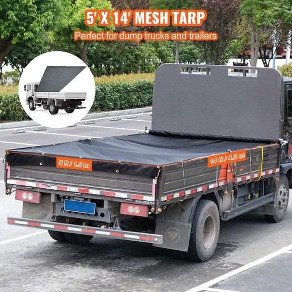 VEVOR Dump Truck Mesh Tarp, 5 x 14 ft, PVC Coated Black Heavy Duty Cover with 5.5" 18oz Double Pocket, Brass Grommets, Reinforced Double Needle Stitch Webbing Fits Manual or Electric Dump Truck System - RnR Galore