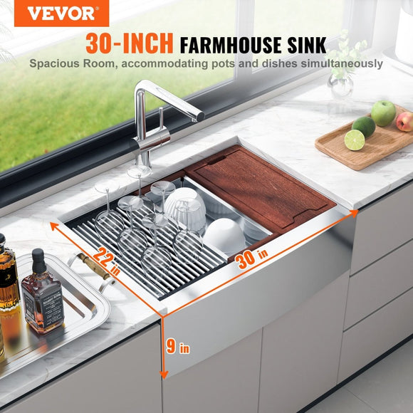 VEVOR Farmhouse Kitchen Sink, 304 Stainless Steel Drop - In Sinks, Top Mount Single Bowl Basin with Ledge & Accessories, Household Dishwasher Sinks for Workstation, Prep Kitchen, and Bar Sink, 30 inch - RnR Galore