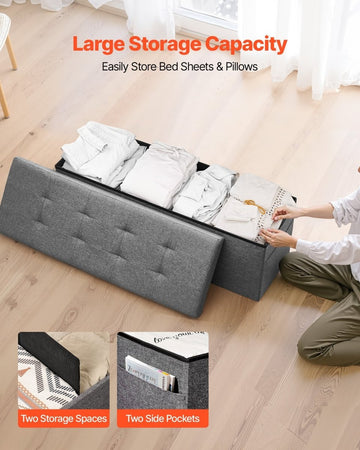 VEVOR Foldable Storage Ottoman Bench, End of Bed Bench with Side Bags, Folding Upholstered Storage Chest Supports 660 lbs, Linen Bed Ottoman with Large Space for Living Room, Bedroom, Entryway, Grey - RnR Galore