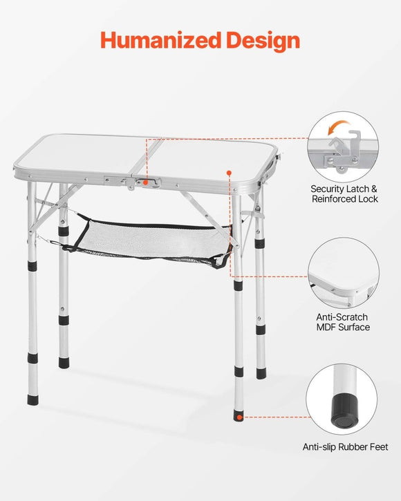 VEVOR Folding Camping Table, Adjustable Height Portable Side Tables, Aluminum MDF Beach Table with Mesh Layer, Carrying Handle, Lightweight Compact for Outdoor Picnic BBQ Cooking, 24x16in, Silver - RnR Galore
