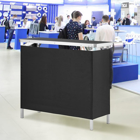 VEVOR Folding Portable Bar Table, Tradeshow Podium Table for Indoor, Outdoor, Party, Picnic, Exhibition, Includes Carrying Case, Storage Shelf and Black Skirt, 38.39" x 15.16" x 34.25“ - RnR Galore