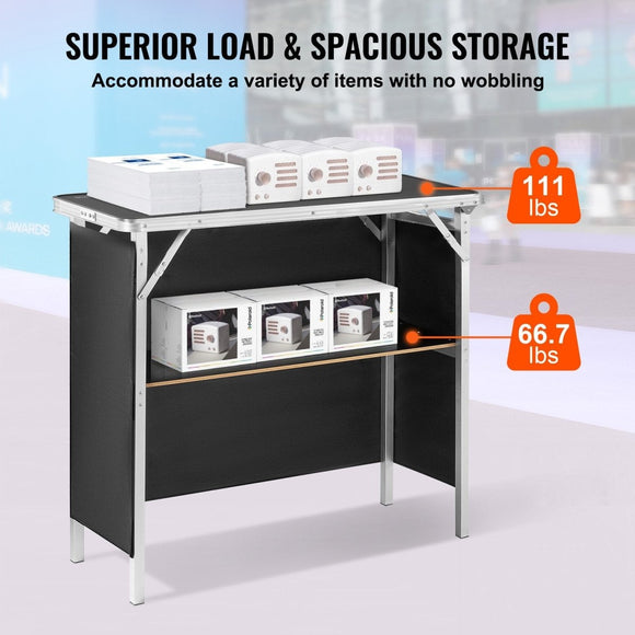 VEVOR Folding Portable Bar Table, Tradeshow Podium Table for Indoor, Outdoor, Party, Picnic, Exhibition, Includes Carrying Case, Storage Shelf and Black Skirt, 38.39" x 15.16" x 34.25“ - RnR Galore