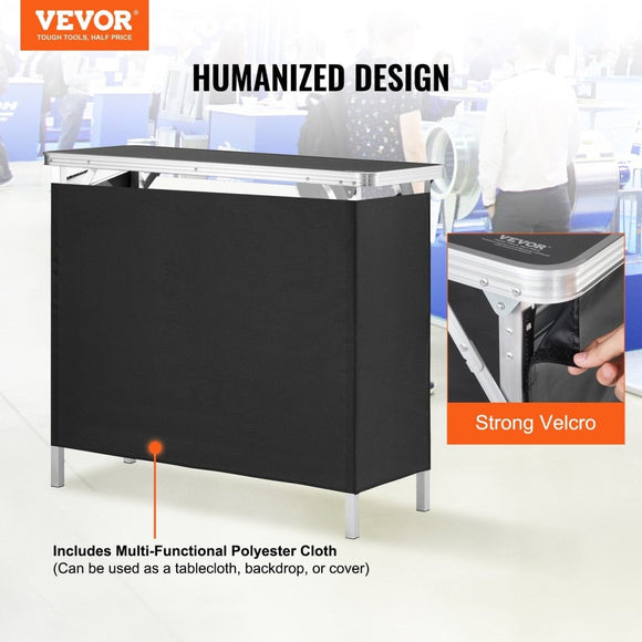 VEVOR Folding Portable Bar Table, Tradeshow Podium Table for Indoor, Outdoor, Party, Picnic, Exhibition, Includes Carrying Case, Storage Shelf and Black Skirt, 38.39" x 15.16" x 34.25“ - RnR Galore