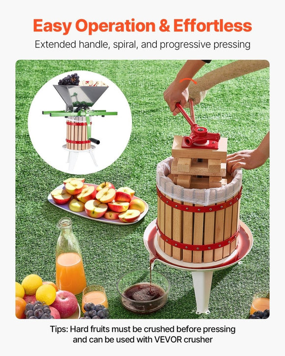 VEVOR Fruit Wine Press Manual Press for Wine Making 3.2 Gal/12L Wood Basket - RnR Galore
