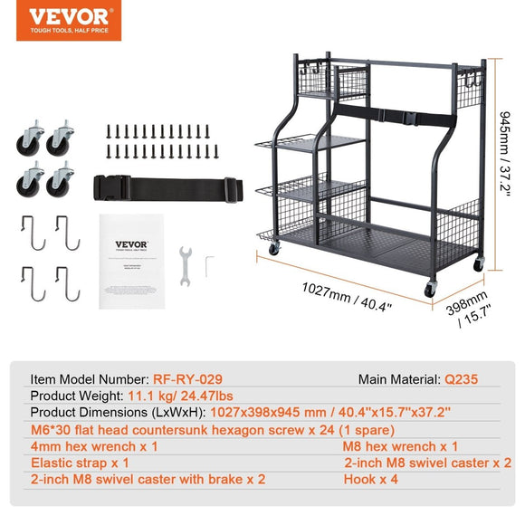 VEVOR Golf Storage Garage Organizer, 2 Golf Bag Stand Holder and Other Sports Equipment Storage Rack, Rolling Ball Cart on Wheels, Outdoor Sport Gear and Toy Storage with Baskets & Hooks, Steel, Black - RnR Galore