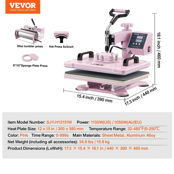 VEVOR Heat Press Machine 12x15 in 5 in 1 with 30oz Tumbler Press T-Shirts Pink - RnR Galore