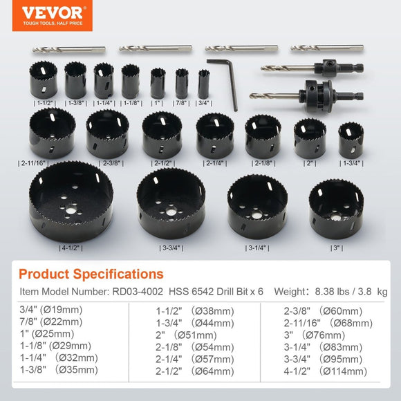 VEVOR Hole Saw Kit, 18 PCS Saw Blades, 6 Drill Bits, 1 Hex Wrench, Bi Metal M42 Hole Saw Set with Carrying Case, General Purpose Size from 3/4" to 4 - 1/2", Ideal for Wood Board, Iron and Plastic Plate - RnR Galore