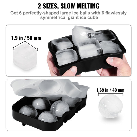 VEVOR Ice Cube Trays (Set of 2), 2 - in - 1 Combo with Silicone Sphere Ice Ball Maker & Large Square Ice Cube Maker with Lid, Reusable Easy Release BPA Free Ice Tray Set for Whiskey Cocktails Bourbon - RnR Galore