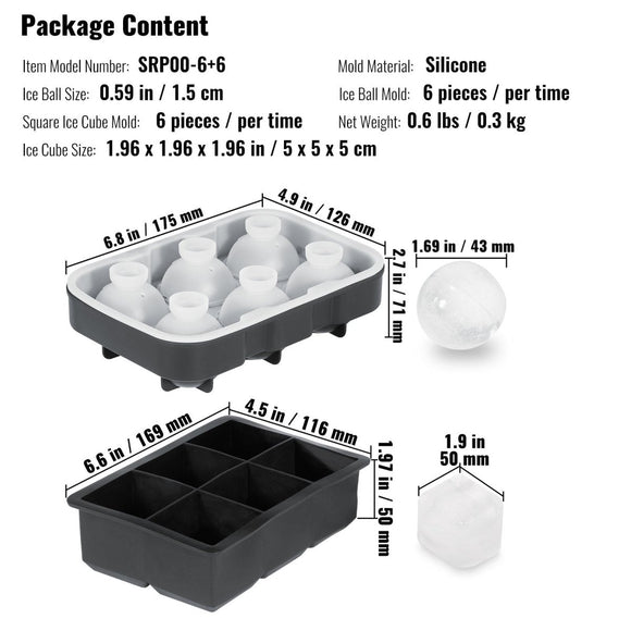 VEVOR Ice Cube Trays (Set of 2), 2 - in - 1 Combo with Silicone Sphere Ice Ball Maker & Large Square Ice Cube Maker with Lid, Reusable Easy Release BPA Free Ice Tray Set for Whiskey Cocktails Bourbon - RnR Galore