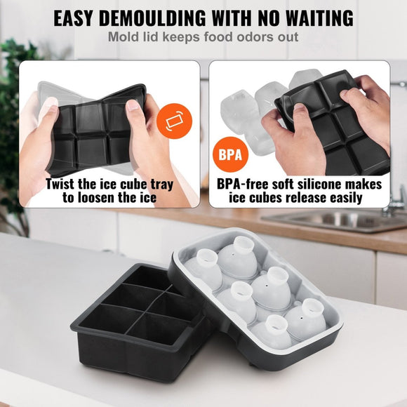 VEVOR Ice Cube Trays (Set of 2), 2 - in - 1 Combo with Silicone Sphere Ice Ball Maker & Large Square Ice Cube Maker with Lid, Reusable Easy Release BPA Free Ice Tray Set for Whiskey Cocktails Bourbon - RnR Galore