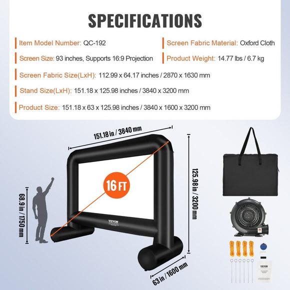 VEVOR Inflatable Movie Screen, 16 FT Inflatable Projector Screen for Outside with Blower and Carrying Bag, Front/Rear Projection, Oxford Fabric Blow Up Screen for Outdoor Parties Backyard Movie Night - RnR Galore