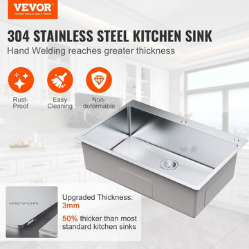 VEVOR Kitchen Sink, 304 Stainless Steel Drop - In Sinks, Top Mount Single Bowl Basin with Accessories(Pack of 3), Household Dishwasher Sinks for Workstation, RV, Prep Kitchen, and Bar Sink, 33 inch - RnR Galore