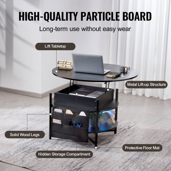 VEVOR Lift Top Coffee Table 35.3" Round Coffee Table for Living Room Black - RnR Galore