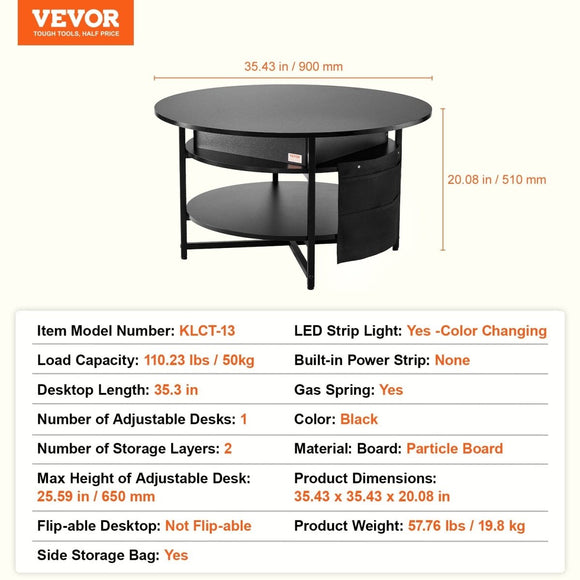 VEVOR Lift Top Coffee Table 35.3" Round Coffee Table for Living Room Black - RnR Galore