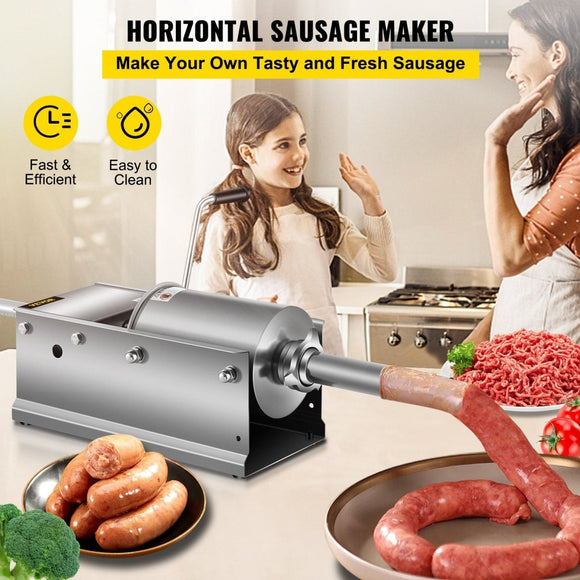 VEVOR Manual Sausage Stuffer, 3 L / 7 LBS Horizontal Sausage Machine, Dual - Speed Meat Stuffer, Made of Food - Grade 304 Stainless Steel, Includes 5 Stuffing Tubes, for Home Kitchen Restaurant Commercial - RnR Galore