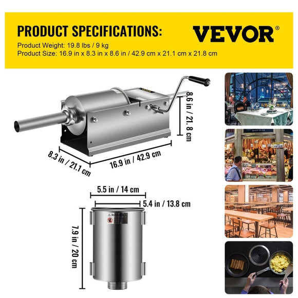 VEVOR Manual Sausage Stuffer, 3 L / 7 LBS Horizontal Sausage Machine, Dual - Speed Meat Stuffer, Made of Food - Grade 304 Stainless Steel, Includes 5 Stuffing Tubes, for Home Kitchen Restaurant Commercial - RnR Galore