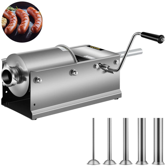 VEVOR Manual Sausage Stuffer, 3 L / 7 LBS Horizontal Sausage Machine, Dual - Speed Meat Stuffer, Made of Food - Grade 304 Stainless Steel, Includes 5 Stuffing Tubes, for Home Kitchen Restaurant Commercial - RnR Galore