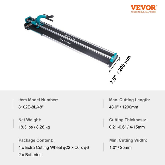 VEVOR Manual Tile Cutter, 1200mm, Porcelain Ceramic Tile Cutter with Tungsten Carbide Cutting Wheel, Infrared Positioning, Anti - Skid Feet, Double Rails for professional installers or beginners - RnR Galore