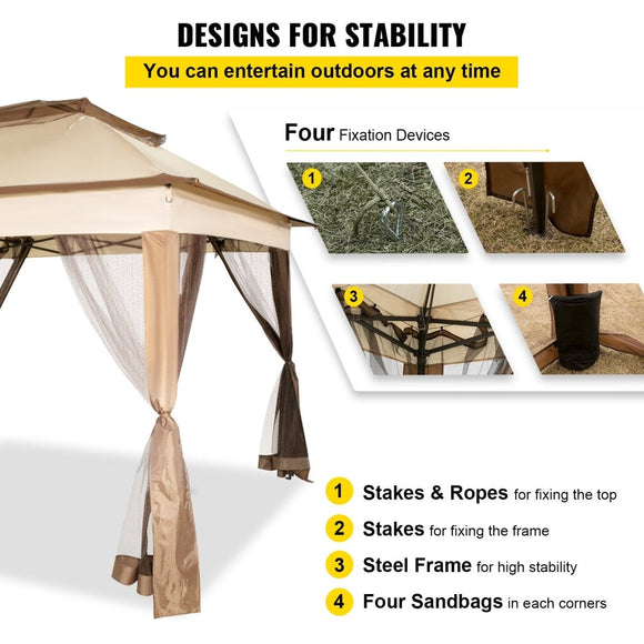 VEVOR Outdoor Canopy Gazebo Tent, Portable Canopy Shelter with 11\'x11\' Large Shade Space for Party, Backyard, Patio Lawn and Garden, 4 Sandbags, Carrying Bag and Netting Included, Brown - RnR Galore