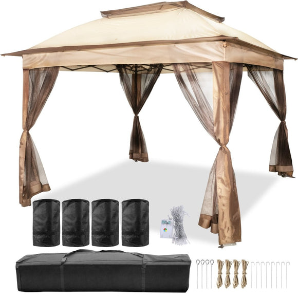 VEVOR Outdoor Canopy Gazebo Tent, Portable Canopy Shelter with 11\'x11\' Large Shade Space for Party, Backyard, Patio Lawn and Garden, 4 Sandbags, Carrying Bag and Netting Included, Brown - RnR Galore