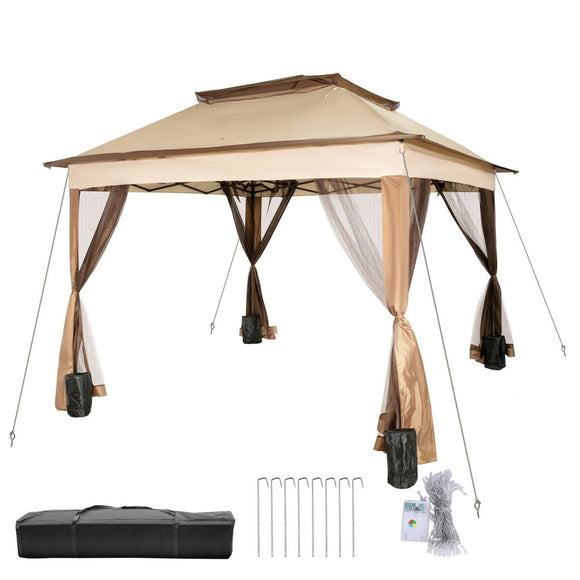VEVOR Outdoor Canopy Gazebo Tent, Portable Canopy Shelter with 11\'x11\' Large Shade Space for Party, Backyard, Patio Lawn and Garden, 4 Sandbags, Carrying Bag and Netting Included, Brown - RnR Galore