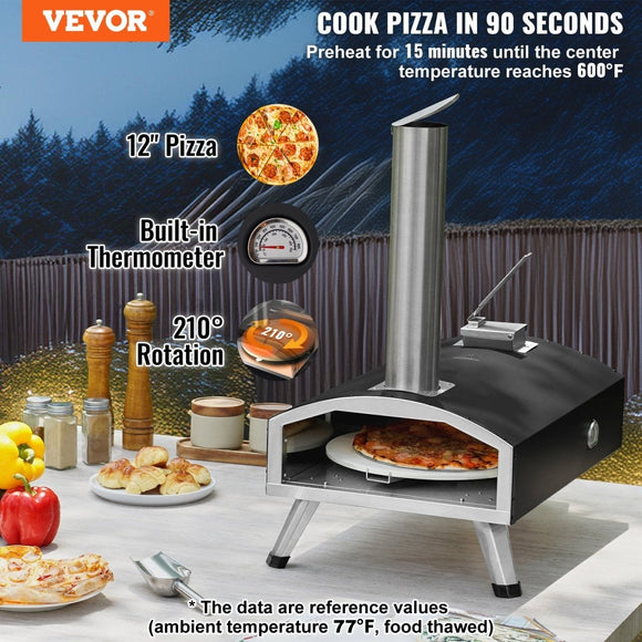 VEVOR Outdoor Pizza Oven, 12" Wood Fired Pizza Ovens, Pellet Pizza Stove with Built - in Thermometer, with Thickened Cordierite, Rotating Pizza Stone, Carry Bag, Shovel, Portable Pizza Maker for Outside Backyard Patio Camping Black - RnR Galore