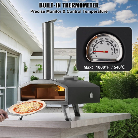 VEVOR Outdoor Pizza Oven, 12" Wood Fired Pizza Ovens, Pellet Pizza Stove with Thermometer, Portable Pizza Maker for Outside Backyard Patio Camping, Pizza Stone, Carry Bag, Shovel, Black - RnR Galore