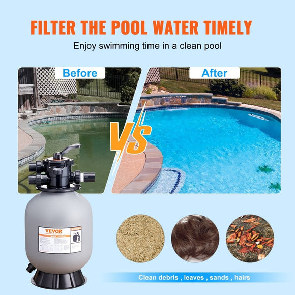 VEVOR Sand Filter, 16 - inch, 406.4mm, Up to 35 GPM Flow Rate, Above Inground Swimming Pool Sand Filter System with 7 - Way Multi - Port Valve, Filter, Backwash, Rinse, Recirculate, Waste, Winter, Closed Functions - RnR Galore
