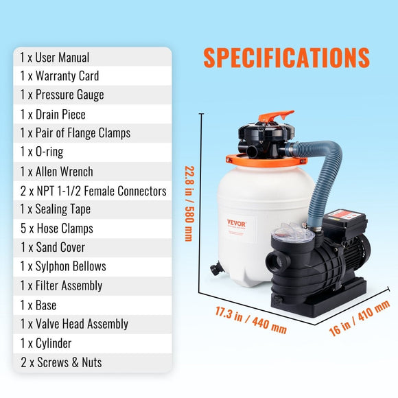 VEVOR Sand Filter Above Ground with 285W Pool Pump 10,000 L/H Flow 6 - Way Valve - RnR Galore