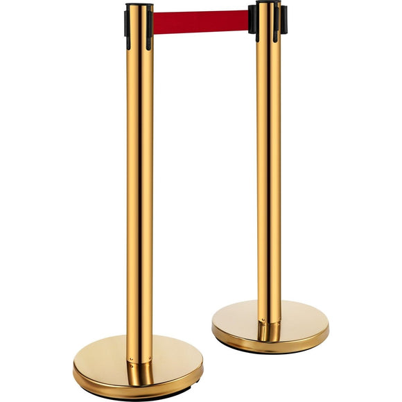 VEVOR Stanchion Post Barriers 6 - Set Line Dividers, Stainless Steel Stanchions with 6.6 Red Retractable Belts, Stanchions with One Sign Frame, 34.6 Queue Safety Stanchions (Gold) - RnR Galore