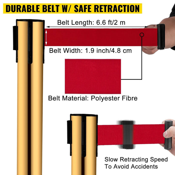 VEVOR Stanchion Post Barriers 6 - Set Line Dividers, Stainless Steel Stanchions with 6.6 Red Retractable Belts, Stanchions with One Sign Frame, 34.6 Queue Safety Stanchions (Gold) - RnR Galore