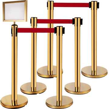 VEVOR Stanchion Post Barriers 6 - Set Line Dividers, Stainless Steel Stanchions with 6.6 Red Retractable Belts, Stanchions with One Sign Frame, 34.6 Queue Safety Stanchions (Gold) - RnR Galore