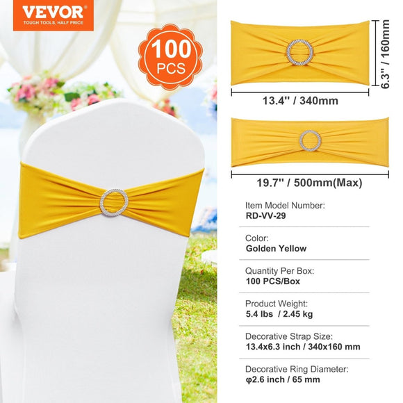 VEVOR Stretch Spandex Chair Sashes, Chair Slipcover and Stretch Chair Sash with Round Buckle, Elastic Chair Bands, Fitting Wedding, Holiday, Banquet, Party Chair Decoration (100 PCS Golden Yellow) - RnR Galore