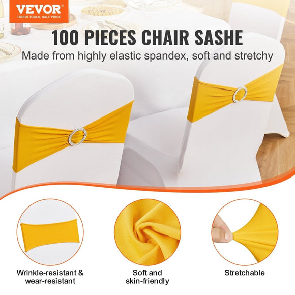 VEVOR Stretch Spandex Chair Sashes, Chair Slipcover and Stretch Chair Sash with Round Buckle, Elastic Chair Bands, Fitting Wedding, Holiday, Banquet, Party Chair Decoration (100 PCS Golden Yellow) - RnR Galore
