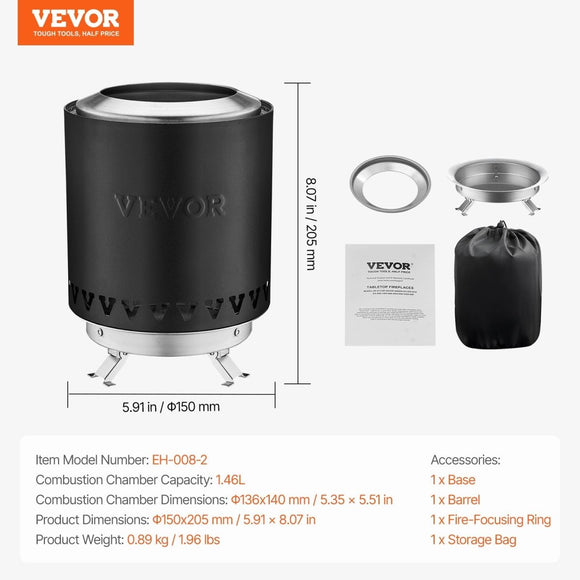 VEVOR Tabletop Fire Pit 6 inch Stainless Steel Fireplace Indoor Outdoor Black - RnR Galore