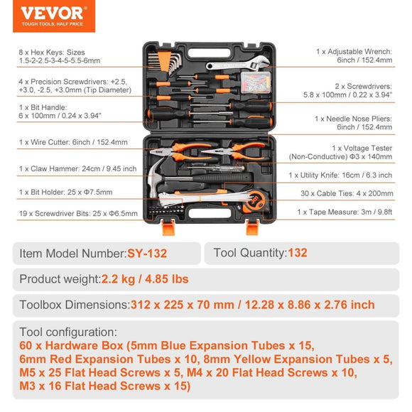 VEVOR Tool Kit 132 Piece General Household Hand Tool Set with Portable Tool Case - RnR Galore