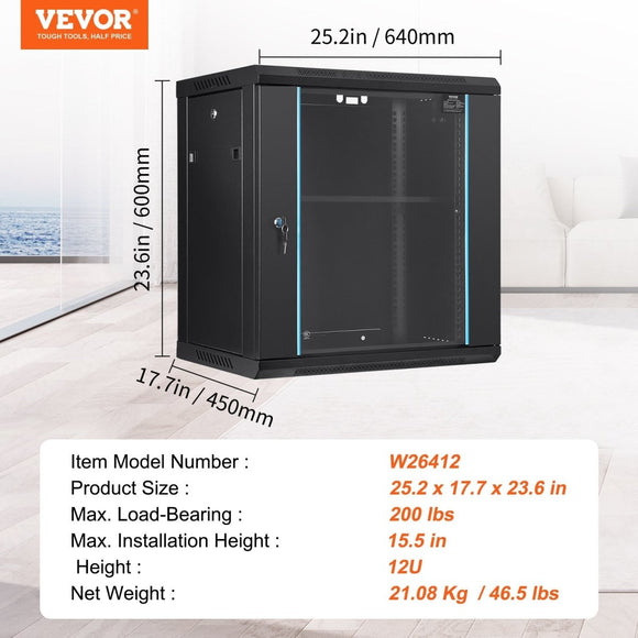 VEVOR Wall Mount Network Server Cabinet, 393.7 mm Deep, Server Rack Cabinet Enclosure, 90.72 kg Max. Ground - mounted Load Capacity, with Locking Glass Door Side Panels, for IT Equipment, A/V Devices - RnR Galore