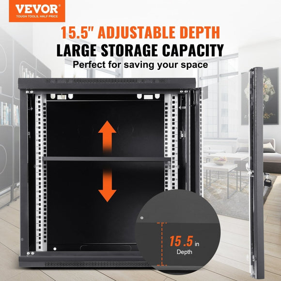 VEVOR Wall Mount Network Server Cabinet, 393.7 mm Deep, Server Rack Cabinet Enclosure, 90.72 kg Max. Ground - mounted Load Capacity, with Locking Glass Door Side Panels, for IT Equipment, A/V Devices - RnR Galore