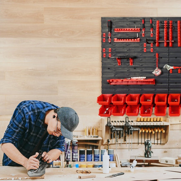VEVOR Wall Mounted Storage Bins, 30 - Bin Parts Rack Organizer Garage Plastic Shop Tool with Wall Panels/Tool Holders/Hooks, Tool Organizer for Nuts, Bolts, Screws, Nails, Beads, Buttons, Black and Red - RnR Galore