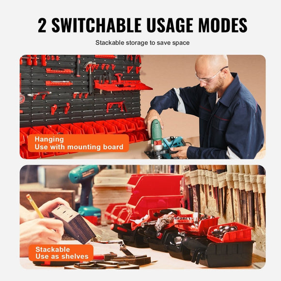 VEVOR Wall Mounted Storage Bins, 30 - Bin Parts Rack Organizer Garage Plastic Shop Tool with Wall Panels/Tool Holders/Hooks, Tool Organizer for Nuts, Bolts, Screws, Nails, Beads, Buttons, Black and Red - RnR Galore
