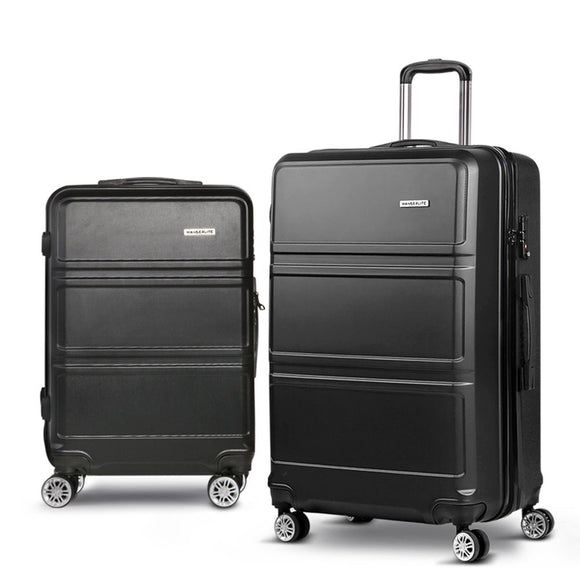 Wanderlite 2pc Luggage Trolley Set Suitcase Travel TSA Carry On Hard Case Lightweight Black - RnR Galore