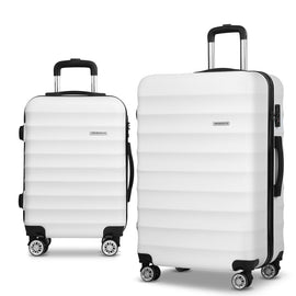 Wanderlite 2pcs Luggage Trolley Travel Suitcase Set TSA Hard Shell Case Strap White - RnR Galore