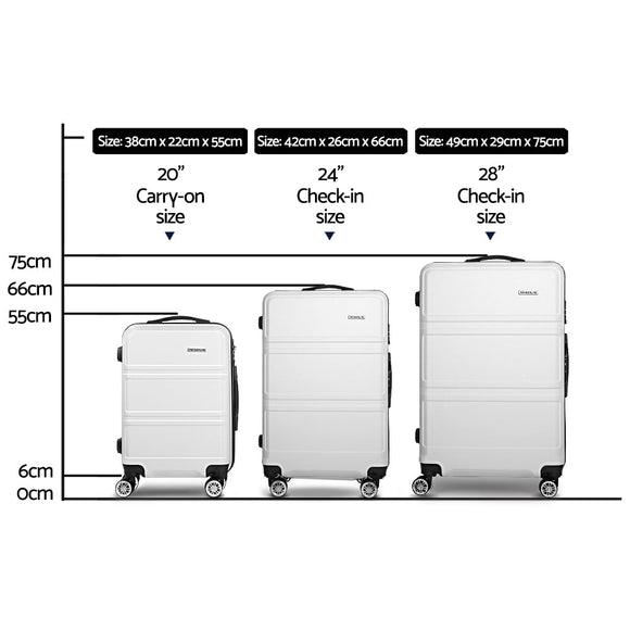 Wanderlite 3pc Luggage Trolley Set Suitcase Travel TSA Carry On Hard Case Lightweight White - RnR Galore