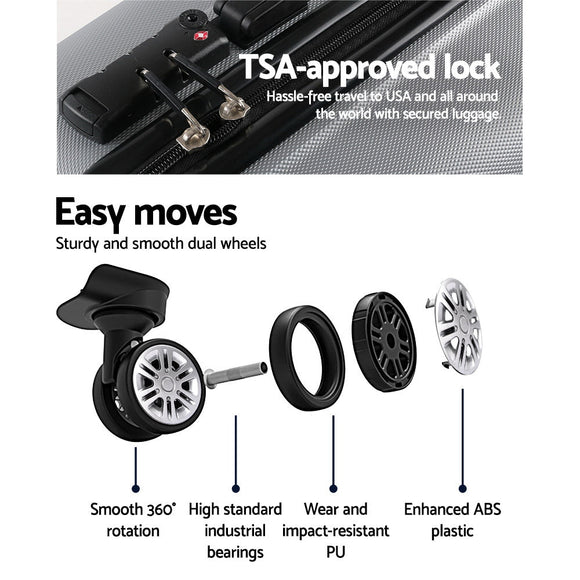 Wanderlite 3pc Luggage Trolley Travel Set Suitcase Carry On TSA Lock Hard Case Lightweight Silver - RnR Galore