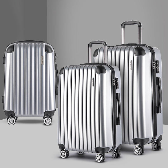 Wanderlite 3pc Luggage Trolley Travel Set Suitcase Carry On TSA Lock Hard Case Lightweight Silver - RnR Galore