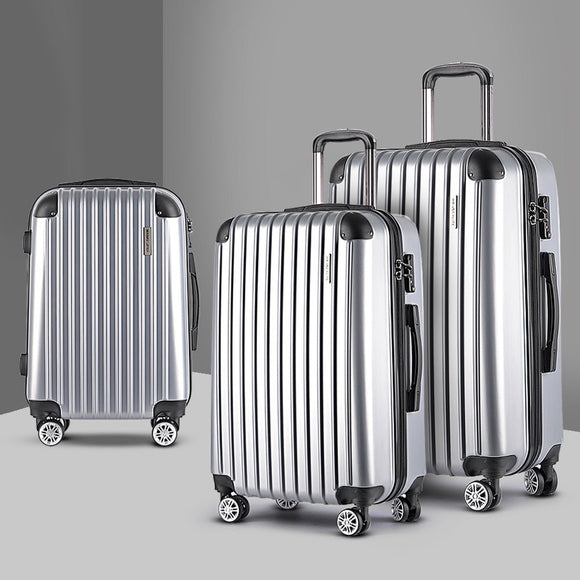 Wanderlite 3pc Luggage Trolley Travel Set Suitcase Carry On TSA Lock Hard Case Lightweight Silver - RnR Galore