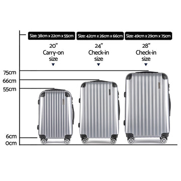 Wanderlite 3pc Luggage Trolley Travel Set Suitcase Carry On TSA Lock Hard Case Lightweight Silver - RnR Galore