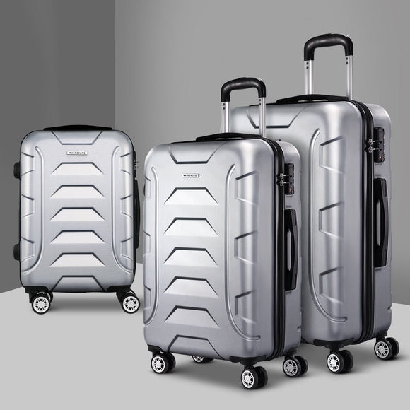 Wanderlite 3pc Luggage Trolley Travel Suitcase Set TSA Hard Case Shell Strap Silver - RnR Galore